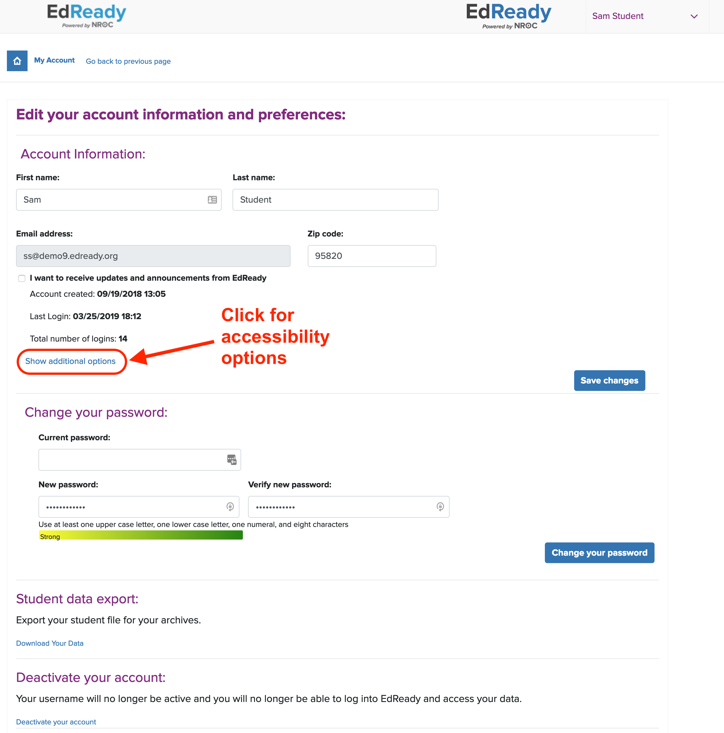 My Account Update Change Password Export Data Edready